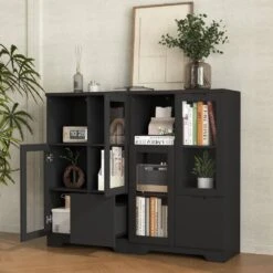 MDF Painted Cabinet With Glass Doors And Drawer, Open Storage Space, Bedroom, Living Room In Black -Tahanbath black tahanbath pantry organizers z w2386p207789 44 1000