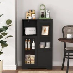 MDF Painted Cabinet With Glass Doors And Drawer, Open Storage Space, Bedroom, Living Room In Black -Tahanbath black tahanbath pantry organizers z w2386p207789 4f 1000