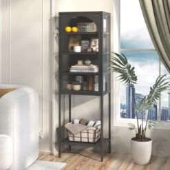 5-Tier Black Metal Glass Door Cabinet: 3 Adjustable Shelves For Every Room