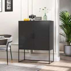 Black Heavy-Duty Metal Sideboard, 2 Shelves, Magnetic Doors Freestanding, For Home, Anti-Tip, Easy Assemble -Tahanbath black tahanbath pantry organizers z w2735p186336 4f 1000