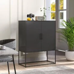 Black Heavy-Duty Metal Sideboard, 2 Shelves, Magnetic Doors Freestanding, For Home, Anti-Tip, Easy Assemble -Tahanbath black tahanbath pantry organizers z w2735p186336 66 1000