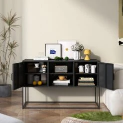Modern Storage Sideboard Anti-Tilt, Elegant Handles, Magnetic Closure, Eco-Friendly For Home Rooms In Black