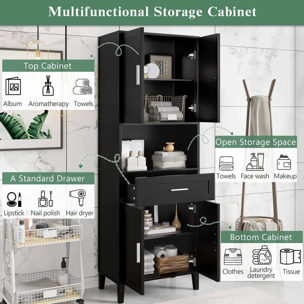 70.9in.H Freestanding Tall Bathroom Cabinet With 1 Drawer, 4 Soft-Close Doors, 2 Adjustable Shelves In Black 5 70.9in.H Freestanding Tall Bathroom Cabinet With 1 Drawer, 4 Soft-Close Doors, 2 Adjustable Shelves In Black - Image 5