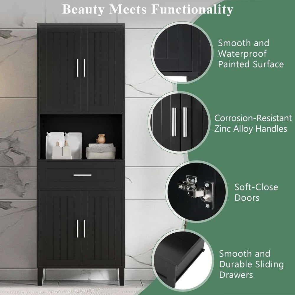 70.9in.H Freestanding Tall Bathroom Cabinet With 1 Drawer, 4 Soft-Close Doors, 2 Adjustable Shelves In Black 7 70.9in.H Freestanding Tall Bathroom Cabinet With 1 Drawer, 4 Soft-Close Doors, 2 Adjustable Shelves In Black - Image 7