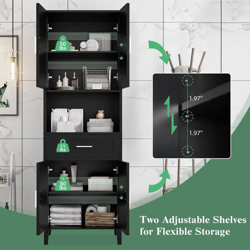 70.9in.H Freestanding Tall Bathroom Cabinet With 1 Drawer, 4 Soft-Close Doors, 2 Adjustable Shelves In Black 6 70.9in.H Freestanding Tall Bathroom Cabinet With 1 Drawer, 4 Soft-Close Doors, 2 Adjustable Shelves In Black - Image 6
