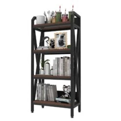 56.30 In. 4-Level Metal And Wooden Bakers Rack-Kitchen Storage Shelves For Garage And Pantry In Black -Tahanbath black tahanbath pantry organizers z w3387p312345 4f 1000