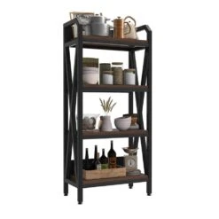 56.30 In. 4-Level Metal And Wooden Bakers Rack-Kitchen Storage Shelves For Garage And Pantry In Black -Tahanbath black tahanbath pantry organizers z w3387p312345 d4 1000