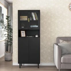 Tempered Glass Door Tall Storage Bookcase With Adjustable Board, 4-Doors MDF Painting Finished Cabinet In Black -Tahanbath black tahanbath pantry organizers z w679102745 31 1000