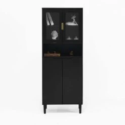 Tempered Glass Door Tall Storage Bookcase With Adjustable Board, 4-Doors MDF Painting Finished Cabinet In Black -Tahanbath black tahanbath pantry organizers z w679102745 4f 1000