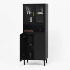 Tempered Glass Door Tall Storage Bookcase With Adjustable Board, 4-Doors MDF Painting Finished Cabinet In Black
