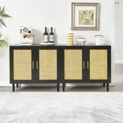 Rattan Storage Buffet: Side Panel Design, Natural Doors, Adjustable Shelves In Black -Tahanbath black tahanbath pantry organizers z w679123937 44 1000