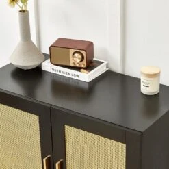 Rattan Storage Buffet: Side Panel Design, Natural Doors, Adjustable Shelves In Black -Tahanbath black tahanbath pantry organizers z w679123937 4f 1000