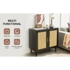 Rattan Storage Buffet: Side Panel Design, Natural Doors, Adjustable Shelves In Black -Tahanbath black tahanbath pantry organizers z w679123937 76 1000