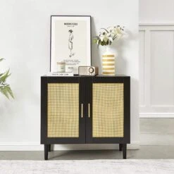 Rattan Storage Buffet: Side Panel Design, Natural Doors, Adjustable Shelves In Black -Tahanbath black tahanbath pantry organizers z w679123937 fa 1000