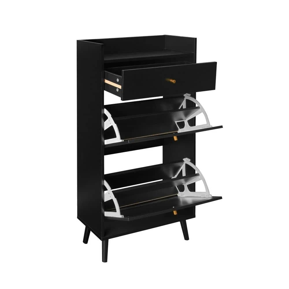 Rattan, Allen 2 Door 1 Drawer Cabinet, Shoe Rack, Double Layer, Suitable For Entrance In Black 4 Rattan, Allen 2 Door 1 Drawer Cabinet, Shoe Rack, Double Layer, Suitable For Entrance In Black - Image 4