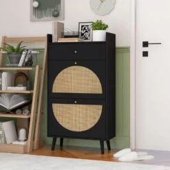 Rattan, Allen 2 Door 1 Drawer Cabinet, Shoe Rack, Double Layer, Suitable For Entrance In Black