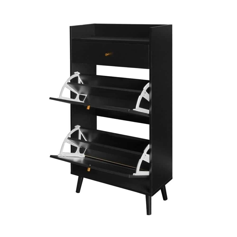 Rattan, Allen 2 Door 1 Drawer Cabinet, Shoe Rack, Double Layer, Suitable For Entrance In Black 2 Rattan, Allen 2 Door 1 Drawer Cabinet, Shoe Rack, Double Layer, Suitable For Entrance In Black - Image 2