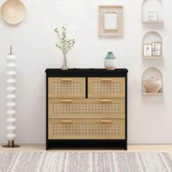 4-Drawers Rattan Cabinet, For Bedroom, Living Room, Dining Room, Hallways, Easy Assembly, Black -Tahanbath black tahanbath pantry organizers z w757137660 66 1000