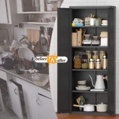 2-Door Metal Kitchen Pantry: Tall Steel Cabinet With Adjustable Shelves In Black -Tahanbath black tahanbath pantry organizers z w757p144366 31 1000