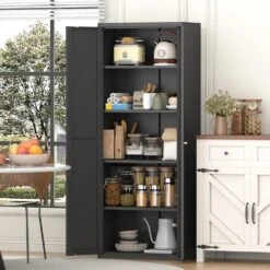 2-Door Metal Kitchen Pantry: Tall Steel Cabinet With Adjustable Shelves In Black -Tahanbath black tahanbath pantry organizers z w757p144366 fa 1000