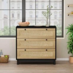 30.31 In. 3-Drawers Storage Cabinet Rope Woven Drawer, For Bedroom, Living Room, Dining Room, Hallways, Black