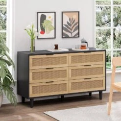 51.18 In. 6-Drawers Rattan Storage Cabinet Rattan Drawer With White Drawer Slides, For Bedroom, Living Room, Black