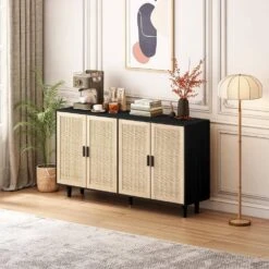 62.20"Elegant And Functional 4-Door Rattan Decorative Storage Cabinet,for Bedroom,Living Room,Office In Black -Tahanbath black tahanbath pantry organizers z w757p174987 44 1000