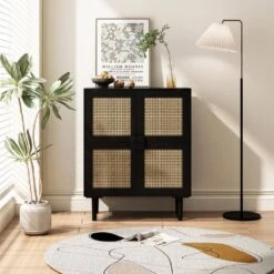 4-Doors Rattan Mesh Storage Cabinet, Sideboard With Eight Storage Spaces, For Entryway, Living Room, Hallway (Black) -Tahanbath black tahanbath pantry organizers z w757p198555 1f 1000