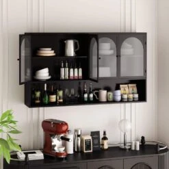 47.25 In. 4-door Glass Wall Cabinet Storage, Wall-mounted, Suitable For Kitchen, Living Room, Bathroom(Black) -Tahanbath black tahanbath pantry organizers z w757p205949 1f 1000