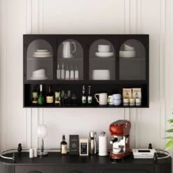 47.25 In. 4-door Glass Wall Cabinet Storage, Wall-mounted, Suitable For Kitchen, Living Room, Bathroom(Black) -Tahanbath black tahanbath pantry organizers z w757p205949 44 1000