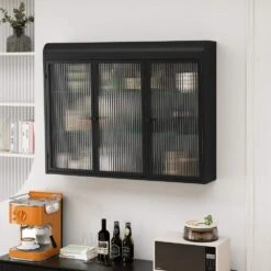 3-Door Arched Wall Mounted Glass Cabinets For Kitchen, Living Room And Bathroom (Black)
