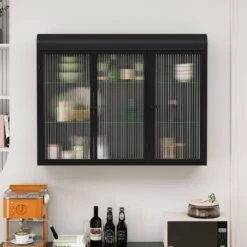 3-Door Arched Wall Mounted Glass Cabinets For Kitchen, Living Room And Bathroom (Black) -Tahanbath black tahanbath pantry organizers z w757p221501 76 1000