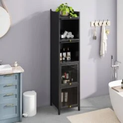 Modern Black 4-Tier Glass Door Cabinet With 5-Tier Storage, For Entryway, Living Room, Bathroom, Dining Room -Tahanbath black tahanbath pantry organizers z w757p241562 76 1000