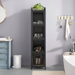 Modern Black 4-Tier Glass Door Cabinet With 5-Tier Storage, For Entryway, Living Room, Bathroom, Dining Room -Tahanbath black tahanbath pantry organizers z w757p241562 fa 1000