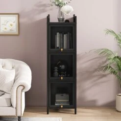 Modern 3-tier Glass Door Cabinet With Featuring 4-tier Storage, For Entryway Living Room, Black -Tahanbath black tahanbath pantry organizers z w757p241564 fa 1000