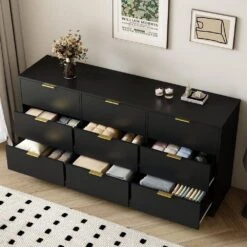 63 In. 9-Drawer Dresser: Large Deep Chest For Bedroom/Living Room In Black -Tahanbath black tahanbath pantry organizers z wf321489aak 44 1000