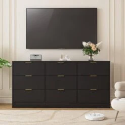 63 In. 9-Drawer Dresser: Large Deep Chest For Bedroom/Living Room In Black -Tahanbath black tahanbath pantry organizers z wf321489aak fa 1000