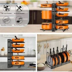 8-Tier Upgraded Pot Organizer Standing Pot Rack : Stores Pots, Pans & Lids, Ideal For Kitchen Cabinets In Black -Tahanbath black tahanbath pot racks z d0102757s8p 31 1000
