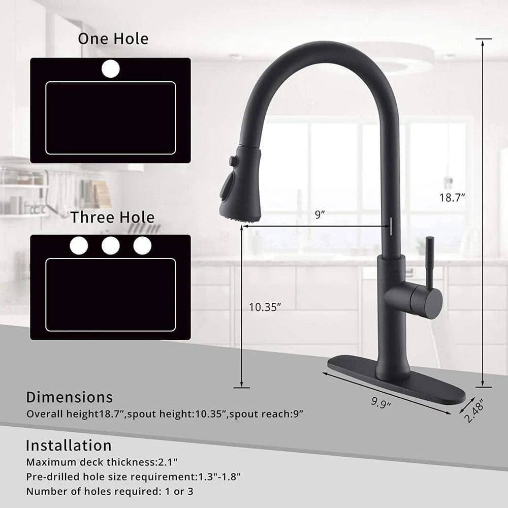 18.7 In. Single Handle Pull Down Sprayer Kitchen Faucet 360° Spout Swivel In Black 6 18.7 In. Single Handle Pull Down Sprayer Kitchen Faucet 360° Spout Swivel In Black - Image 6