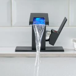 Bathroom Sink Faucet LED Light 3 Colors Changing Waterfall Glass Spout Hot Cold Water Mixer Single Handle -Tahanbath black tahanbath pull out kitchen faucets z w1932p171691 31 1000