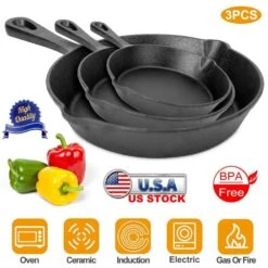 3-Piece Pre-Seasoned Cast Iron Skillet Set 6/8/10 In. Non-Stick Oven Safe Cookware Heat-Resistant Frying Pan -Tahanbath black tahanbath skillets z d0102hquefa c3 1000