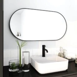 18 In. W X 35 In. H Oval Metal Framed Wall Bathroom Vanity Mirror In Black Framed -Tahanbath black tahanbath vanity mirrors q gg 99967978 4f 1000