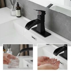 Single Handle Waterfall Vessel Sink Faucet With Drain Kit Included In Black -Tahanbath black tahanbath vessel sink faucets z w1932p179390 44 1000