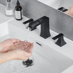 Bathroom Faucets For Sink 3 Hole Black 8 In. Widespread With Pop Up Drain Double Lever Handle Faucet -Tahanbath black tahanbath vessel sink faucets z w1932p181996 1f 1000