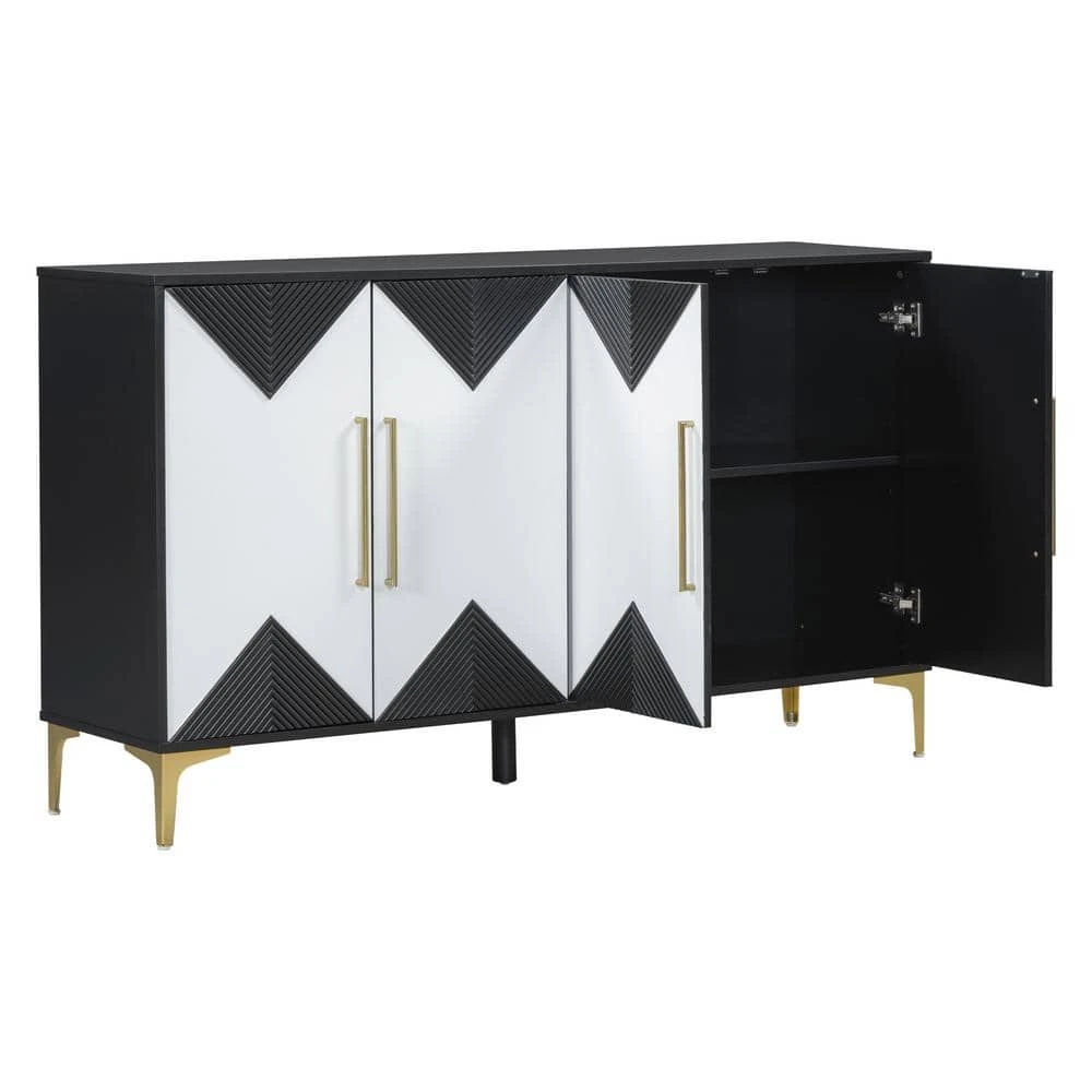 4-Door Cabinet With 2-Tone Triangular Pattern Doors-Versatile Storage For Entryway, Hallwa In Black White 5 4-Door Cabinet With 2-Tone Triangular Pattern Doors-Versatile Storage For Entryway, Hallwa In Black White - Image 5
