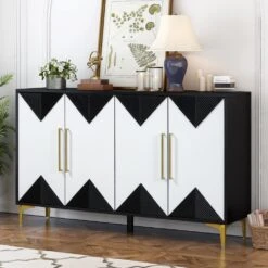 4-Door Cabinet With 2-Tone Triangular Pattern Doors-Versatile Storage For Entryway, Hallwa In Black White
