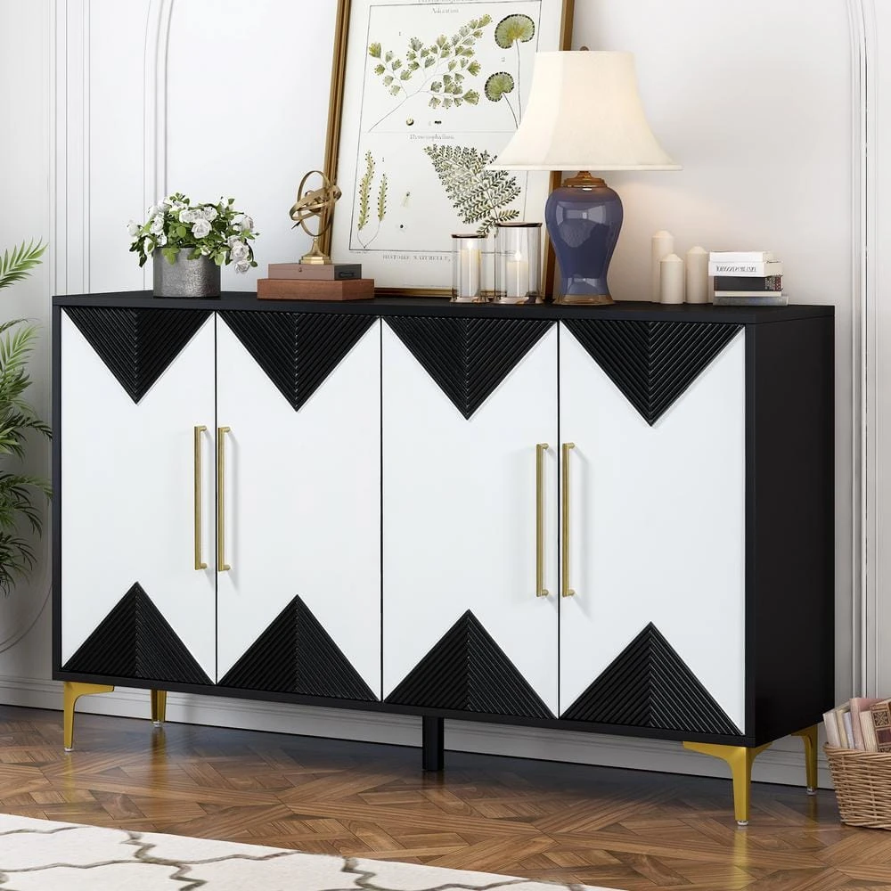4-Door Cabinet With 2-Tone Triangular Pattern Doors-Versatile Storage For Entryway, Hallwa In Black White 1 4-Door Cabinet With 2-Tone Triangular Pattern Doors-Versatile Storage For Entryway, Hallwa In Black White