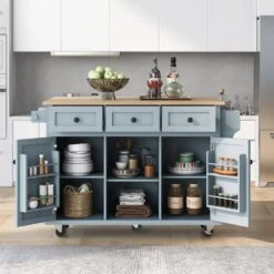 Blue Kitchen Cart With Rubber Wood Drop-Leaf Countertop, 3 Drawers, Cabinet Storage And 5 Wheels -Tahanbath blue tahanbath kitchen carts z wf298028aan 31 1000