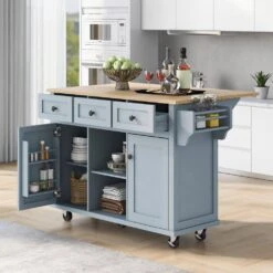 Blue Kitchen Cart With Rubber Wood Drop-Leaf Countertop, 3 Drawers, Cabinet Storage And 5 Wheels -Tahanbath blue tahanbath kitchen carts z wf298028aan 40 1000