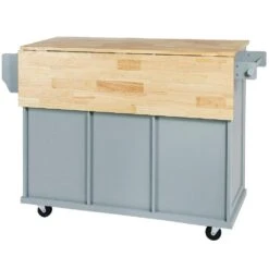 Blue Kitchen Cart With Rubber Wood Drop-Leaf Countertop, 3 Drawers, Cabinet Storage And 5 Wheels -Tahanbath blue tahanbath kitchen carts z wf298028aan 66 1000